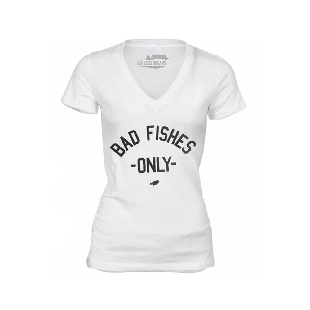 Bad Fishes Only Tee Ladies V Neck Graphic Tee White Tee / X-Small